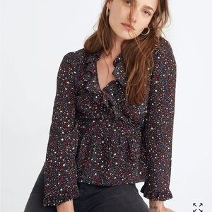 Madewell Black and Pink Fitted Ruffled Blouse